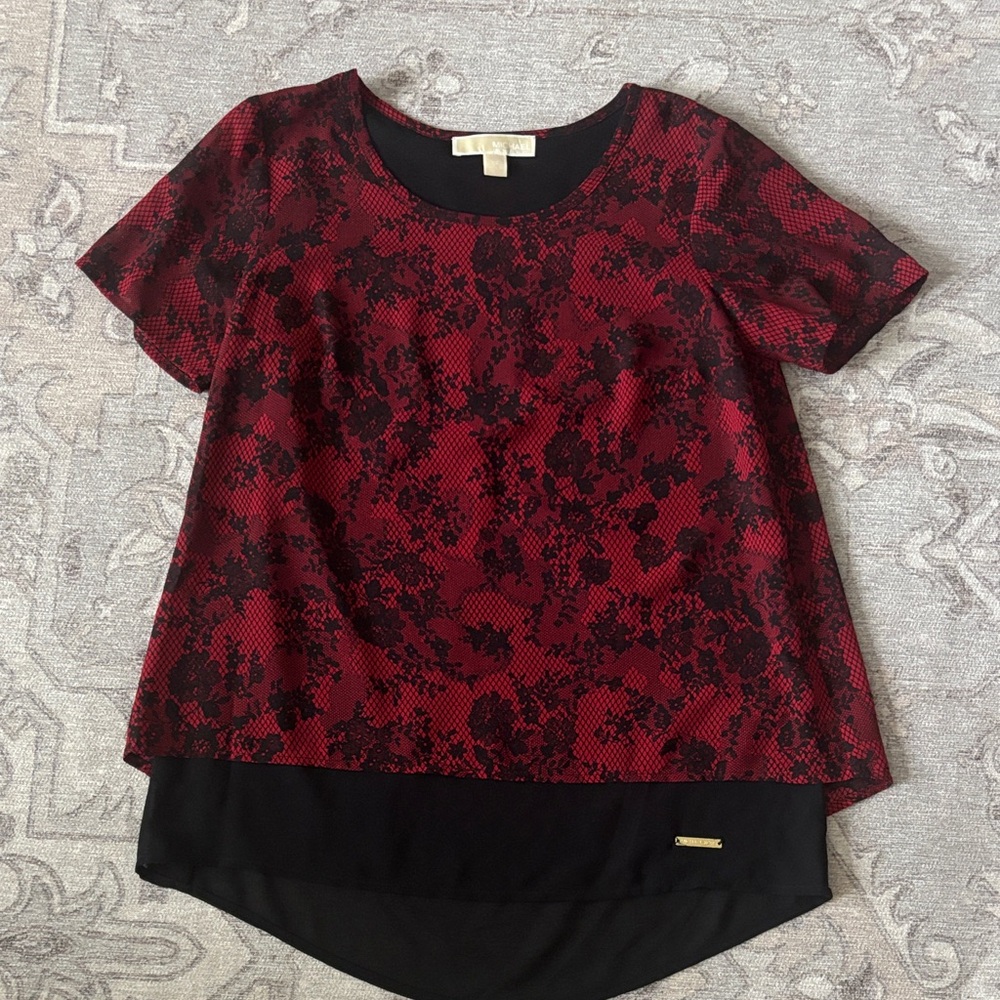 Michael Kors Red and Black Floral Layered Blouse